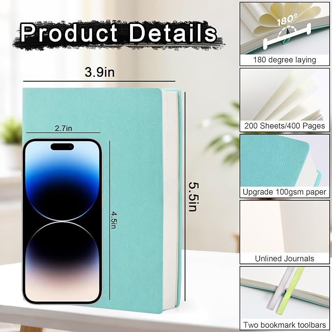 Thick Blank Journal Notebook 400 Pages, A6 Unlined Plain Sketchbook, 100gsm Thick Paper Hardcover Soft Leather Cover, No Lines Drawing Pad Memo Diary Writing Art Notepad ，3.9 × 5.5