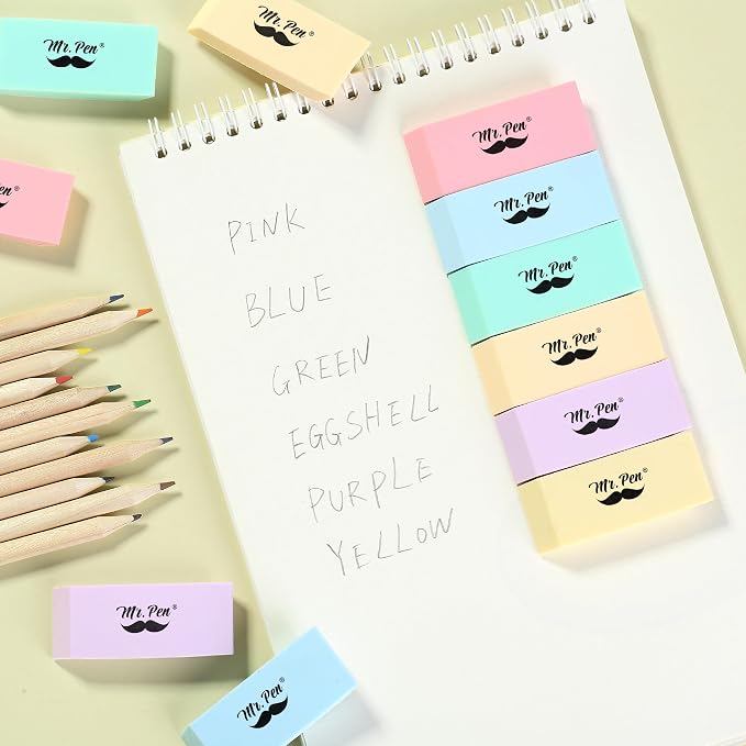 Mr. Pen- Pencil Eraser, 12 Pack, Pastel Colors | Large Latex Free Block Erasers for School, Office, Art Sketching, Homework, Exams, Clean Smudge-Free Correction