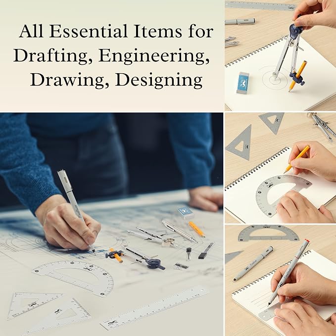 Mr. Pen- Professional Geometry Set, 15 pcs, Drafting Tools with Protractor | Compass, Metal Ruler, Triangles, Pens & Pencils, Complete Geometry & Drafting Kit for Architects, Engineers & Students