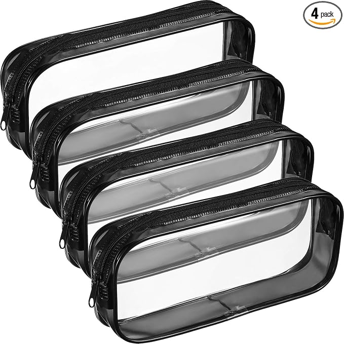 Tatuo 4 Pieces Clear PVC Bags Big Capacity Zipper Pencil Pouch Case Travel Luggage Makeup Cosmetic Bag(Black)