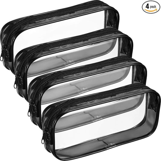 Tatuo 4 Pieces Clear PVC Bags Big Capacity Zipper Pencil Pouch Case Travel Luggage Makeup Cosmetic Bag(Black)
