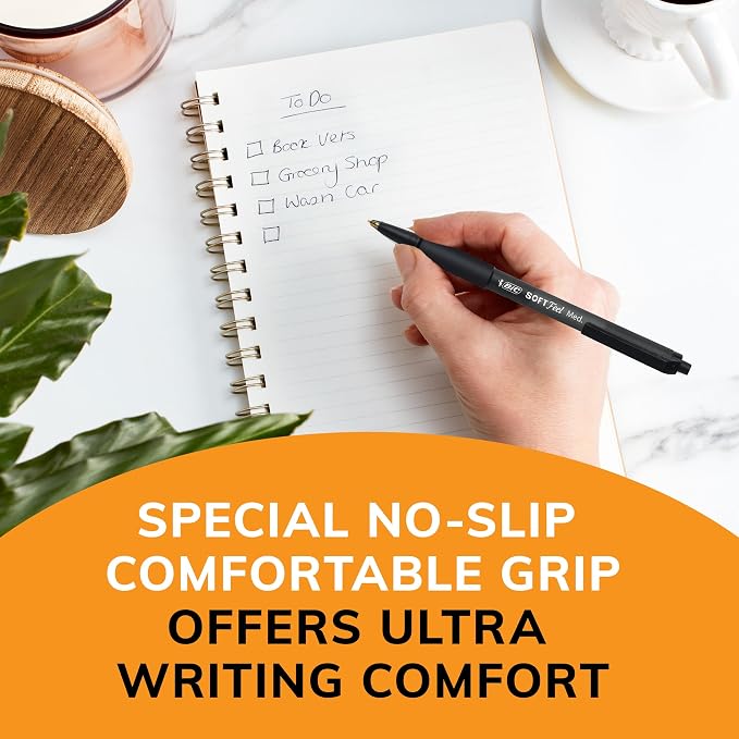 BIC Soft Feel Black Retractable Ballpoint Pens, Medium Point (1.0mm), 12-Count Pack, Black Pens with Soft-Touch Comfort Grip