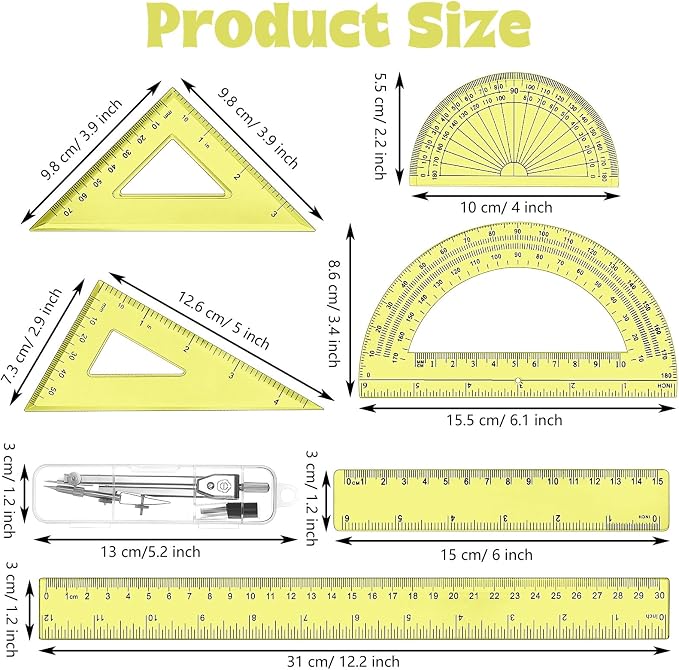 Zonon 7‑Piece Geometry Set with Drawing Compass, 6 & 4 Inch Protractors, Triangle Rulers and Straight Rulers, Transparent Math Drafting Supplies for Back to School, Students and Office Use(Yellow)