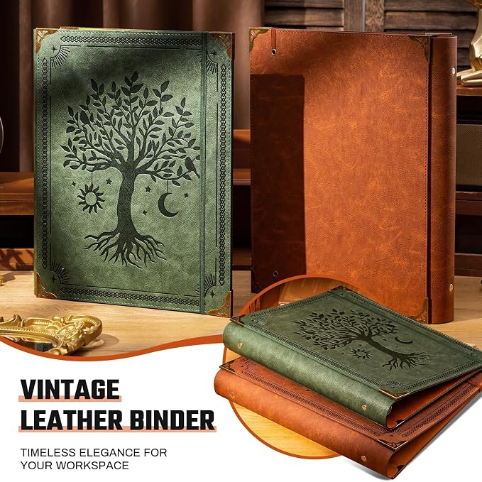 Ovesmusl PU Leather 3 Ring Binder Fits 8.5"x11" Letter Size Paper, 1.5 Inch Round Ring Binder Holds 350 Sheets, Notepad Paper Cover Loose Leaf Organizer, Green Tree