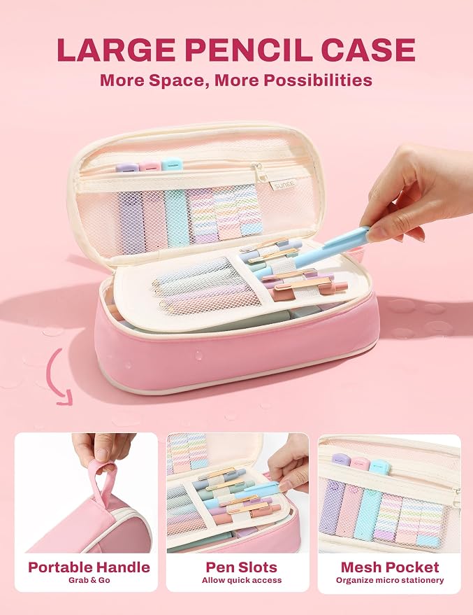 SUNEE 54PCS Aesthetic Stationery Set with Cute Pencil Case, 8 Color Pastel Highlighters, 8 Black Gel Pens, 6 Mechanical Pencils & Refills, College School Supplies for Students Girls Pink