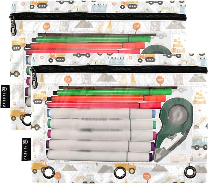 Monster Truck White Binder Pouches 3 Ring for Boys Girls School Office College Supplies Roadster Racing Cars Pencil Pouches Case Bag with Clear Window and Zipper 2 Pack