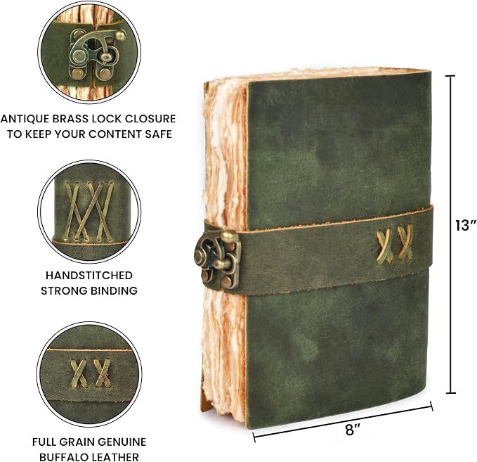 LEATHER VILLAGE Leather Bound Vintage Journal for Women & Men - Book of Shadows - Lock Closure - 200 Pages of Antique Deckle Edges Handmade Watercolor Paper - Green - 13X8 inches