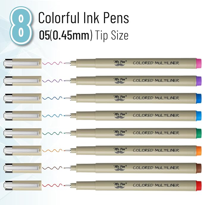Mr. Pen- 0.45mm Micro Fine Point Pens, 8 Pack, Colorful Ink, Waterproof | Acid-Free, No-Smear Quick-Dry Fineliner Pens for Drawing, Sketching, Bible Journaling, Outlines & Everyday Writing