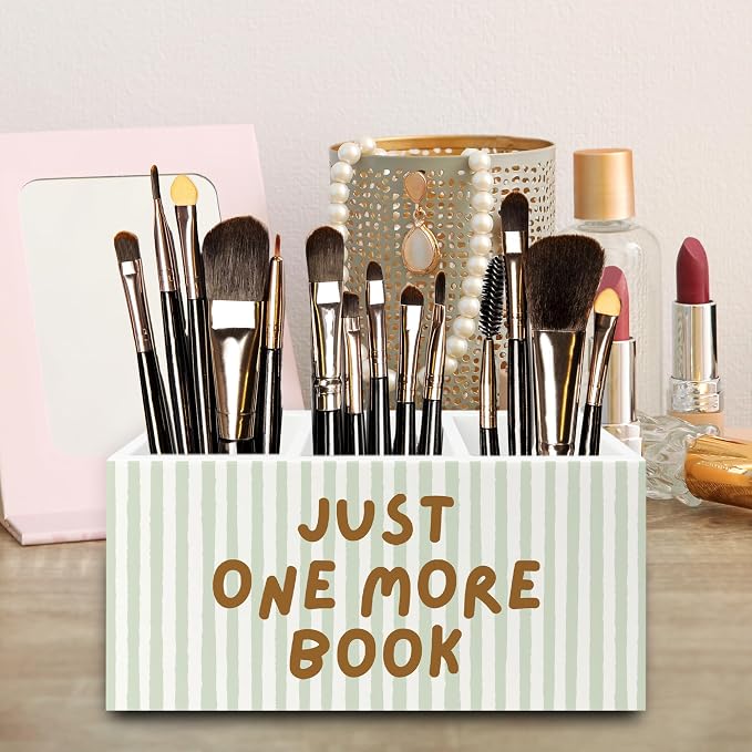Book Lover Gifts Pen Pencil Holder Organizer for Desk, Just One More Book Bookish Wooden Box Signs Decorations for Reading Room Library Desk Tabletop, Bookworm Bookish Reader Gifts