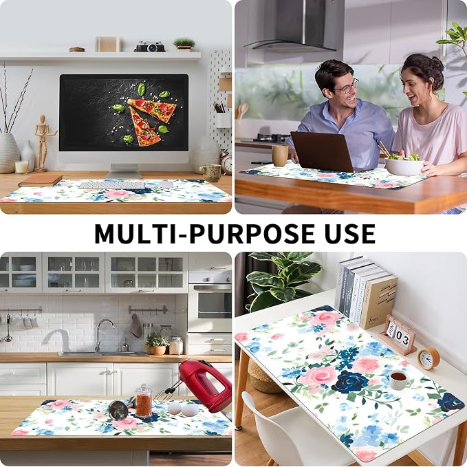 Bloss Pink+Blue Flower Desk Mat, Leather Desk Pad, Desk Matt for Desktop, Waterproof Desk Pad Mat, Computer Mat for Office Work/Home-31.5 x 15.7 Inches