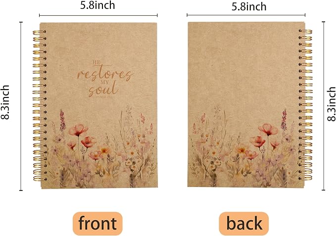 Christian Notebook for Women, Christian Gifts Journal, Prayer Journal for Women, Bible Journaling Notebook, PSALM 23:3 He Restores My Soul Floral Spiral Notebook 5.5x8.3 Kraft Paper