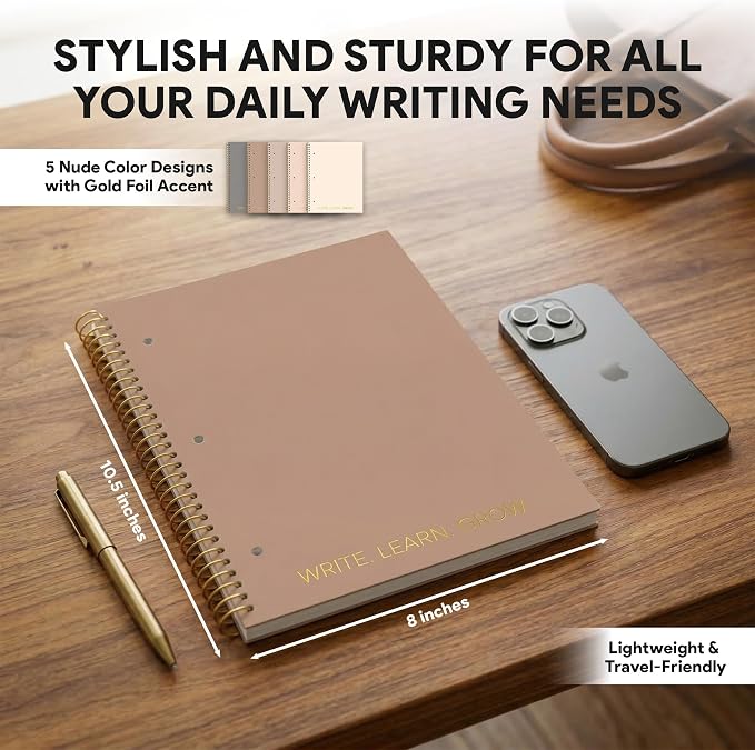 Decorably 5-Pack 140 Pages Gold Foiled Spiral College Ruled Notebook Set | 8x10.5in Spring Bound, 3-Hole Punched and Easy Tear-Off Perforated Design, Lined Pages - Work, School, Office