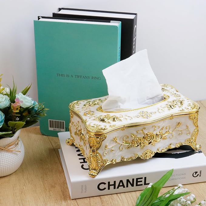 Luxurious Rose Tissue Box with Imitation Diamonds,Gold-White | 9.45"x5.43"x3.94"，Embossed Flowers, Elegant Tissue Paper Holders，for Home Toilet Bath Hotel