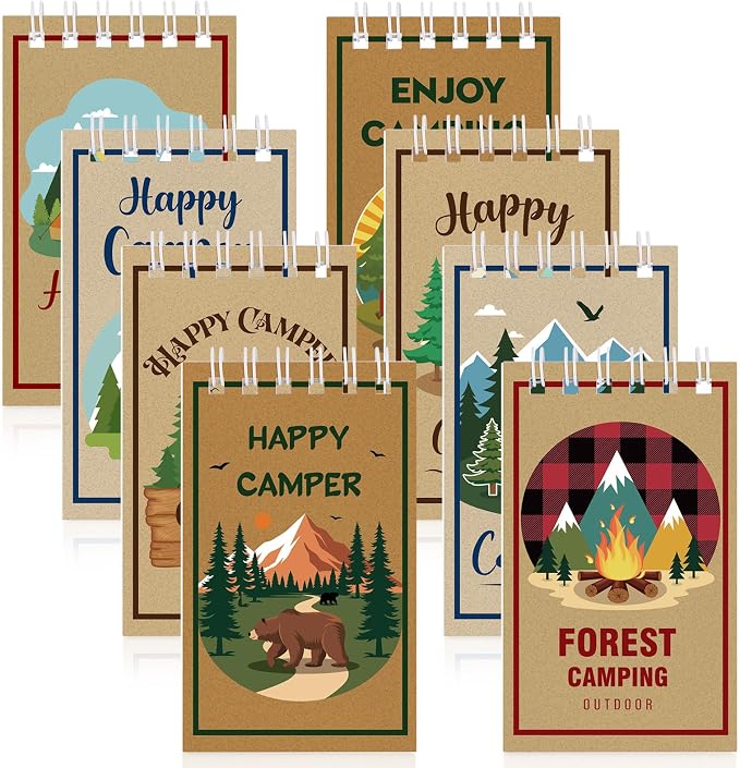 Atiloy 24 PCS Mini Notebooks Bulk for Camping Party Favors Small Pocket Notepad for Camping Journal Spiral Notebook for Work Home Office School Adventure Gifts, 8 Design