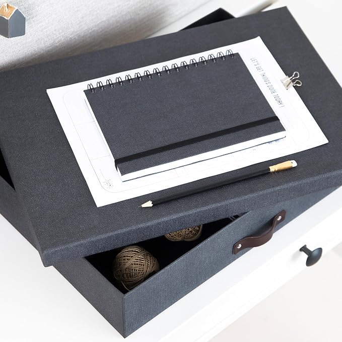 Bigso Sverker Fiberboard Legal/Art Storage Box - Scrapbook Storage Box for Papers, Photos, and More - Durable Keepsake Boxes with Lid and Leather Handle - 3.3in x 17.1in x 12.2in - Black