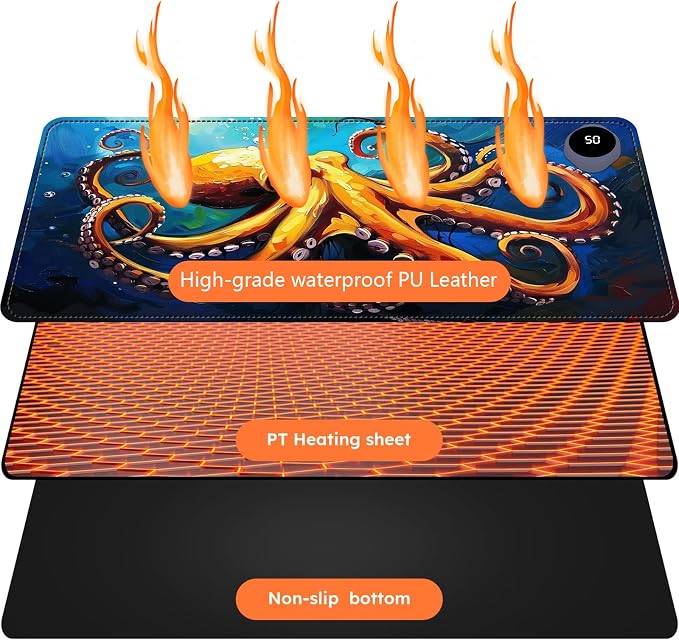 Heated Mouse Pad with 3 Levels Heated & 3 Hours Auto Shut-Off Mouse Pad for Warming Hands in Office Home, 31.5" x 13"Large Safe Desk Mat Hand Warmer，Blue Octopus