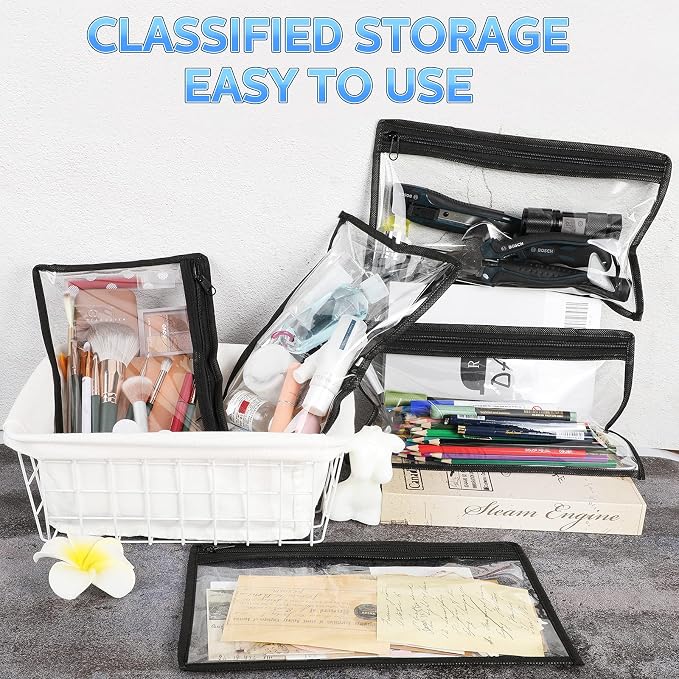 Outus 8 Pcs Clear Zipper Pouches Pencil Pouches PVC Makeup Pouch Envelopes Folder Storage Multi Purpose Pouch Document File Organization Bags, Office Supplies (Black Edging,11.5 x 7 Inches)