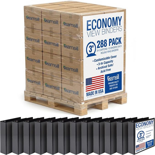 Samsill Economy 3 Inch 3 Ring Binder Bulk Pallet, Round Ring Binder, Customizable Clear View Cover, Black, Pallet of 288 Binders in 24 Cartons