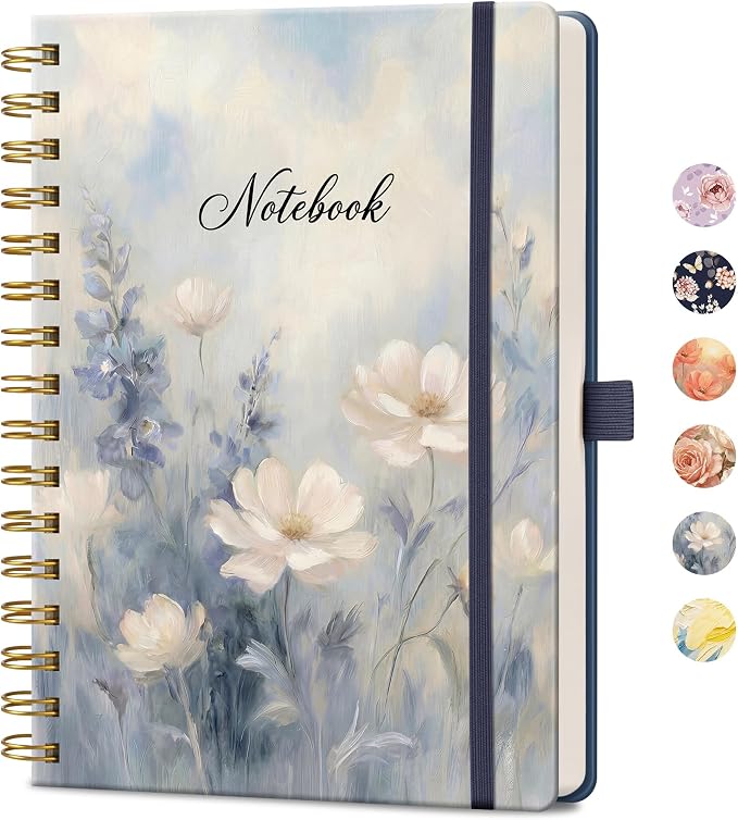 AHGXG Spiral Journal Notebook, 160 Lined Pages, A5 Size (5.7'' x 8.3'') | for Women, Journaling, Writing, Work & Office, Hardcover, 100 GSM Thick Paper (Soft Blue Floral)