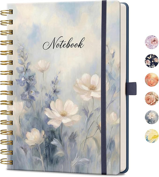 AHGXG Spiral Journal Notebook, 160 Lined Pages, A5 Size (5.7'' x 8.3'') | for Women, Journaling, Writing, Work & Office, Hardcover, 100 GSM Thick Paper (Soft Blue Floral)