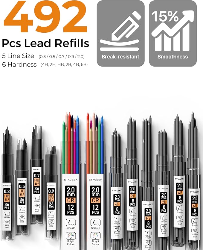 STAGEEK Mechanical Pencil Set with Case 37 Count, Drawing Pencils 0.3, 0.5, 0.7, 0.9MM & 2PCS 2MM Sketching Pencils with 492PCS Lead Refills (6B 4B 2B HB 2H 4H Color) for Artist Drafting Drawing