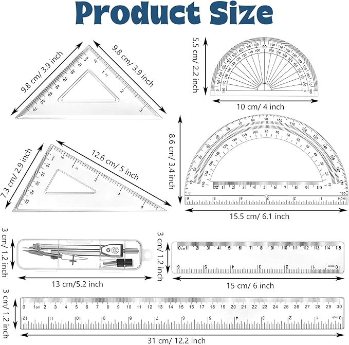 Zonon 7‑Piece Geometry Set with Drawing Compass, 6 & 4 Inch Protractors, Triangle Rulers and Straight Rulers, Transparent Math Drafting Supplies for Back to School, Students and Office Use(Clear)