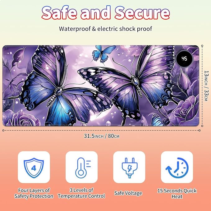 Heated Desk Pad Large Mouse Pad 31.5 x 13 inch with 3 Levels Heating & Auto Shut-Off Warm Mouse pad PU Leather Computer Mousepad for Home Office Work - Purple Rose and Butterflies