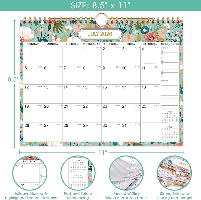 2026-2027 Wall Calendar - 2026-2027 Calendar, 8.5" x 11" | Jul. 2026 - Dec. 2027, Wall Calendars with Julian Dates, Twin-Wire Binding