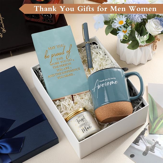 Sayglossy 4 Pcs Thank You Gifts Set for Men Back to School Teacher Appreciation Gift Leather Notebook Inspirational Coffee Mug Scented Candle Ballpoint Pen for Male Employee Coworker Nurse Boss, Blue