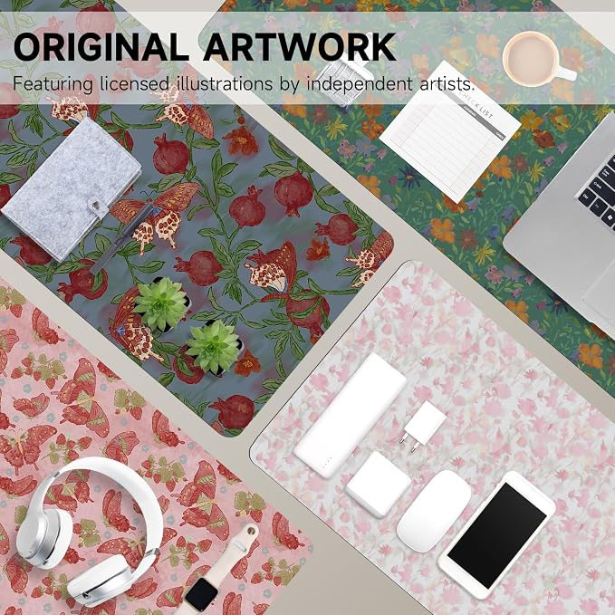Botanical Floral Desk Pad Blotter,Large Mouse Pad 35 x 17in,PU Leather Desk Mat Writing Pad Protector, Non-Slip Waterprrof,Desktop Decor for Home Office Women Girls (Pomegranate Flower Butterfly)