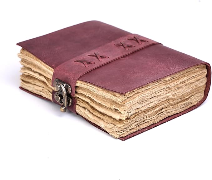 Leather Bound Vintage Journal for Women & Men – Book of Shadows – Lock Closure – 200 Pages of Antique Deckle Edges Handmade Paper (Burgundy, 7 x 5 inches)
