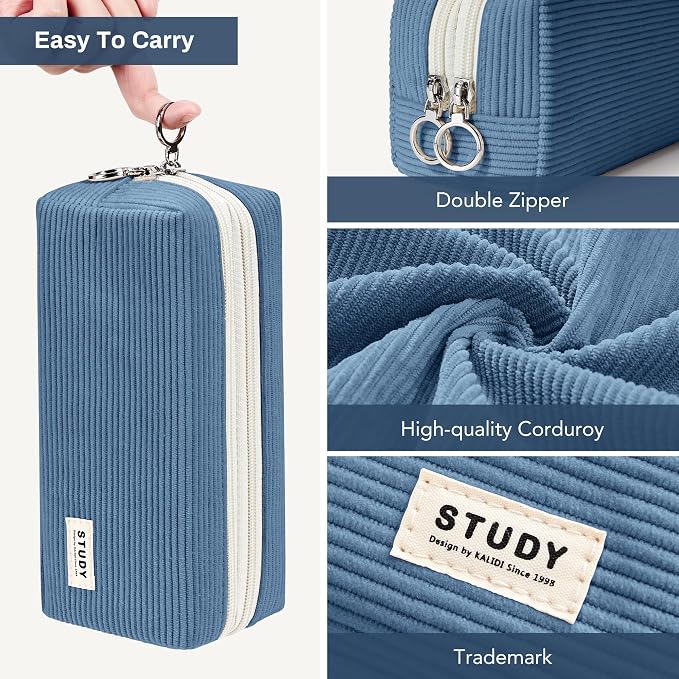 KALIDI Large Pencil Case Corduroy Pencil Pouch Box Cute School Supplies for Teen Girls Boys, Navy Blue