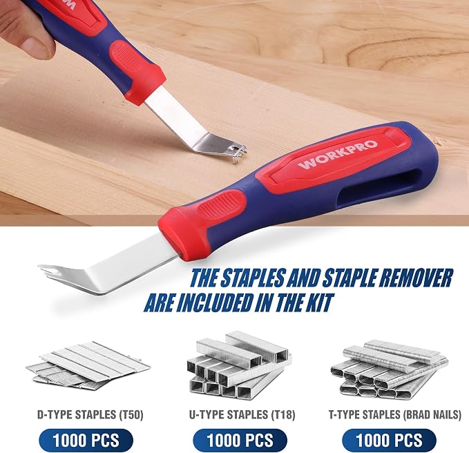 WORKPRO Upholstery Staple Gun, 3-in-1 Heavy Duty Staple Gun with Power Adjustment, 3000 pcs Staples and Stapler Remover, Manual Brad Nailer for Wood, Upholstery, Carpentry, Decoration DIY, Furniture | 3-in-1 Upholstery Staple Gun with Power Adjustment,...