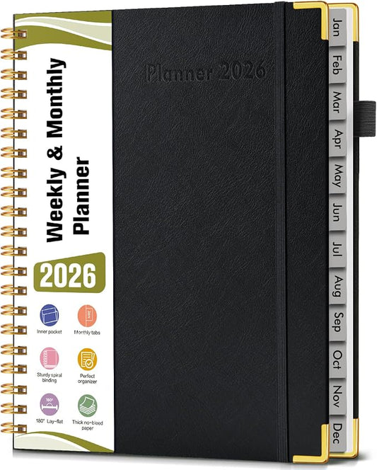 2026 Planner, Hardcover Leather Weekly and Monthly Planner, January 2026 - December 2026, Spiral Yearly Agenda Organizer Book 2026 with Tabs, Daily Calendar Planners for School Work Home, A4 (8.5" x 11"), Black