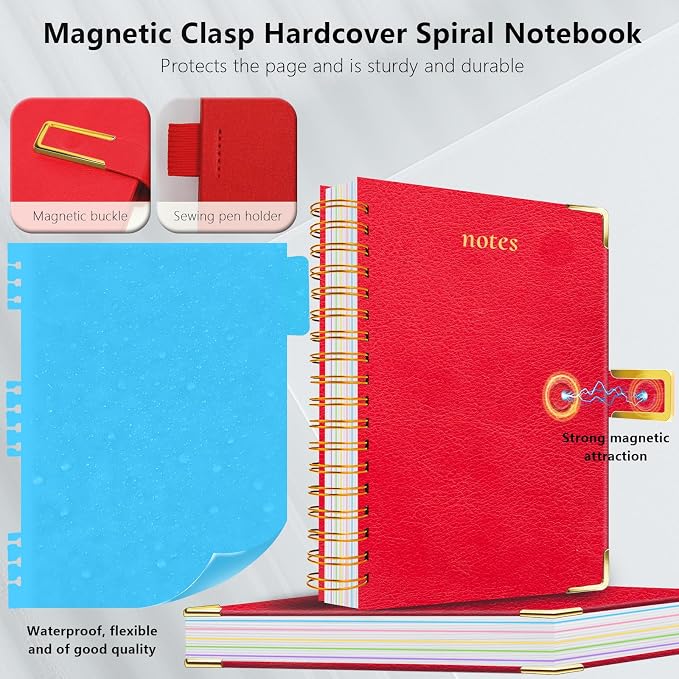 Hardcover Spiral Notebook College Ruled, 8.5"x11" Leather Journal Notebook with Magnetic Closure, 300 Pages 5 Subject Notebook with Dividers Tabs Journal for Women Men, Work, School(Red)