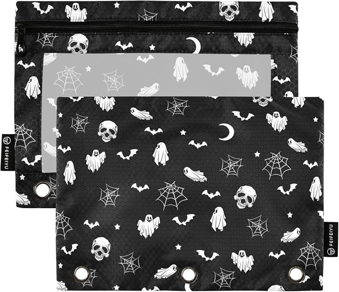 Halloween Ghost Gothic Pencil Pouches for 3 Ring Binder, Zipper Binder Pencil Case, 2 Pack Clear Window Case Bag for Office Organizers