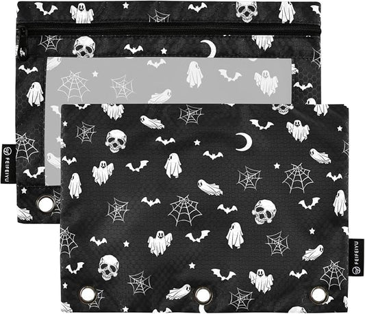 Halloween Ghost Gothic Pencil Pouches for 3 Ring Binder, Zipper Binder Pencil Case, 2 Pack Clear Window Case Bag for Office Organizers