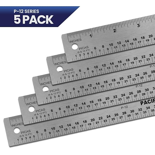 5 Pack | Pacific Arc Stainless Steel Ruler with Inch and Pica Measurements, 12 Inches Cork Backed