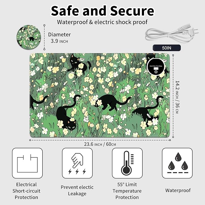 Heated Desk Pad Mouse Pad,Heated Desk Mat,with 3 Heating Levels & 3 Hours Auto Shut-Off,Leather 23.6"*14.2" Gaming Mouse Laptop Mat,Foot Warmer,Cat Floral Green