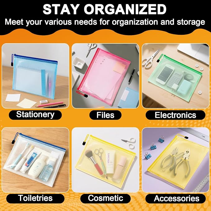 MAQIHAN Mesh Zipper Pouch Bags - A4 Clear Zipper Pouches, 13.2 x 9.4 Inch | Zipper Pouches for Organizing, Waterproof Letter Size File Bag for Puzzles, Board Games, Office Supplies, 5 Pack