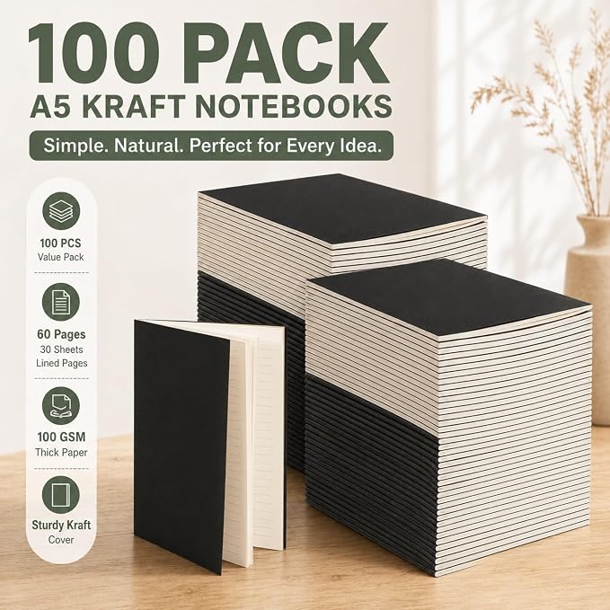 Mimorou 100 Pcs Journals Notebooks Bulk - Kraft Softcover A5 Small Notebooks 5.5 Inch x 8.3 Inch Notepads with 60 Page 30 Sheet for Writing Sketch Travel Office Supplies(Black,Lined)