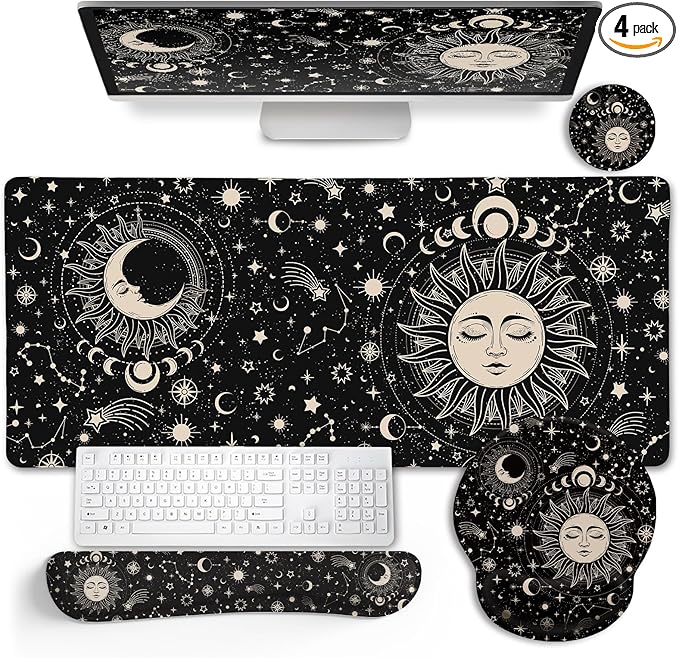 LIMKRIAN Sun Moon Mouse Pad Set Large Desk Mat Pad, Boho Desk Accessories | Ergonomic Mouse Pad Wrist Rest, Gaming Computer Keyboard Mat Wrist Support, Coaster, Home Office Desk Decor Supplies Witchy