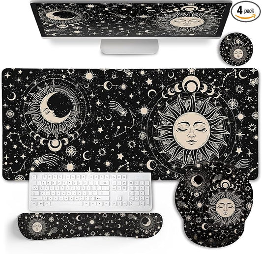 LIMKRIAN Sun Moon Mouse Pad Set Large Desk Mat Pad, Boho Desk Accessories | Ergonomic Mouse Pad Wrist Rest, Gaming Computer Keyboard Mat Wrist Support, Coaster, Home Office Desk Decor Supplies Witchy