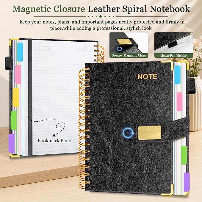 Hardcover Spiral Notebook 8''x 10'' College Ruled Notebook with Magnetic Closure, 300 Pages 5 Subject Notebooks with Pocket Dividers for Work School, B5 Leather Journal for Women, Men (Black)