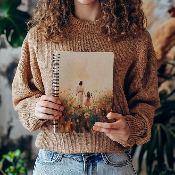 Christian Notebook – Jesus and Little Girl in Floral Field – Inspirational Faith Journal with Sunset Art – Lined Spiral Diary for Women & Girls, Spiral Bound 5.5x8.3 Inches