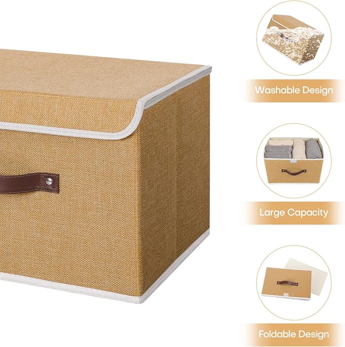ANMINY 2PCS Storage Bin with Lid Storage Boxes with PU Leather Handles PP Plastic Board Decorative Foldable Lidded Cotton Linen Fabric Home Cubes Baskets Closet Organizer Container - Khaki, Medium