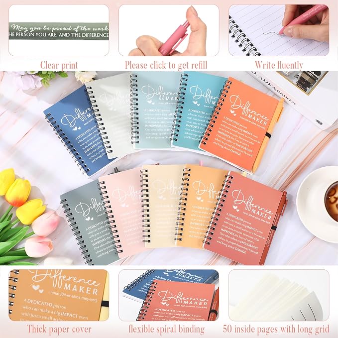 Resurhang 20 Sets Difference Maker Employee Appreciation Gift Bulk Inspirational A6 Spiral Notebook Journal Ballpoint Pens for Teacher Volunteer Coworker Team Back to School (Morandi Colors)