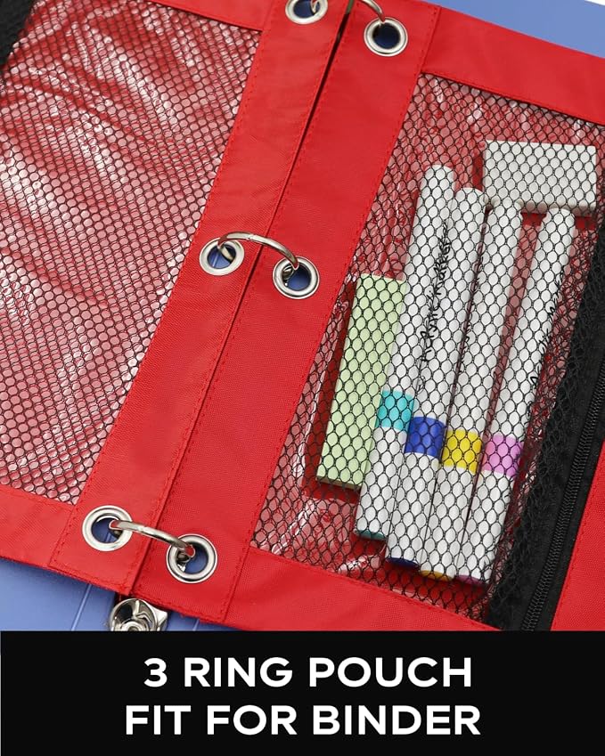 3 Ring Binder Pencil Pouch - Oxford Fabric Pencil Case with 2 Zippered Pockets, Clear Mesh Window Pencil Bag, B5 Size for Office & Travel Supplies (Red)