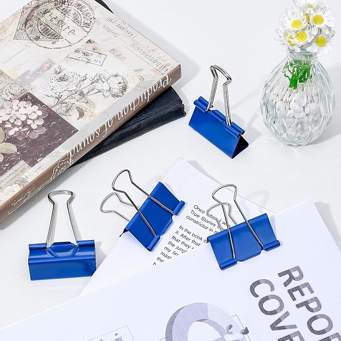 Temiary 12 Pcs Binder Clips, 2 Inch Large Metal Binder Paper Clip with Container, Blue Paper Clamps Bulk for Office, Home, School Supplies