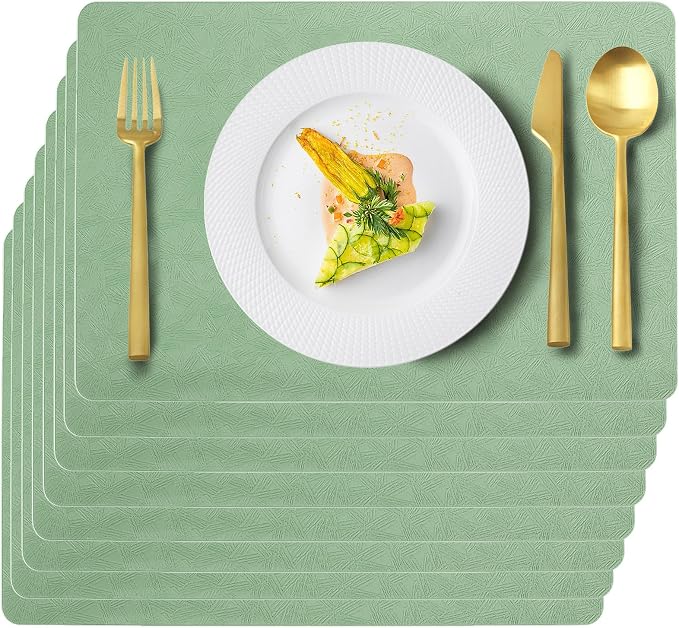 Green Plastic Placemats Set of 8, Faux Leather Waterproof Table Mats | Green Vinyl placemats,Wipeable and heat resistant table mats.Easy to clean,great for indoor and outdoor